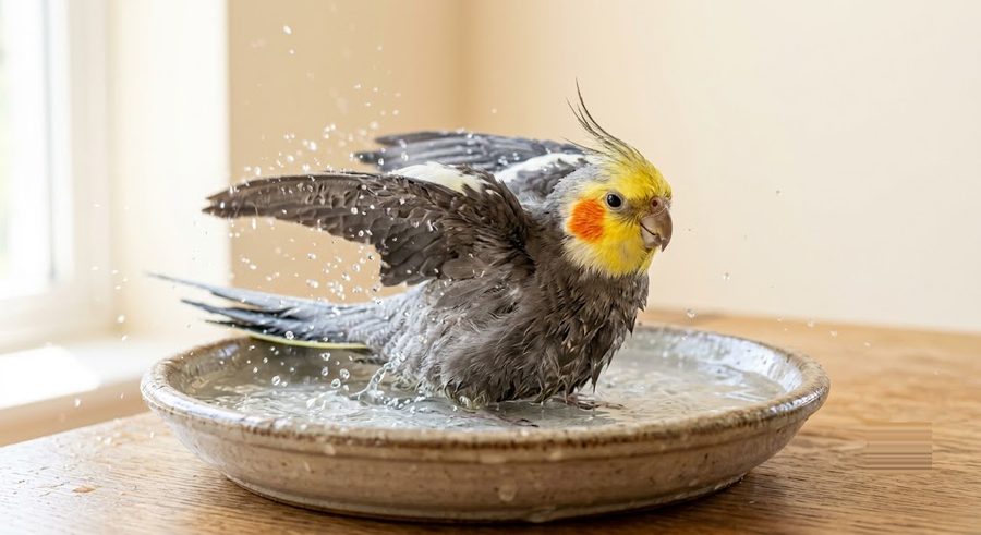 玄鳳鸚鵡在淺水盤裡拍水洗澡、水花四濺