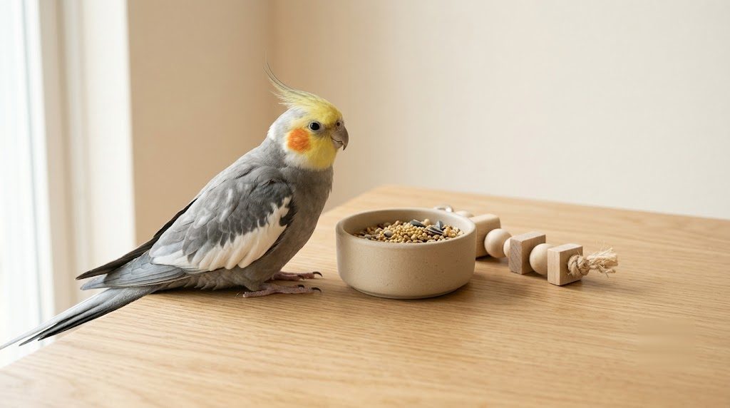 玄鳳鸚鵡與飼料碗、木製玩具——養鳥的日常開銷