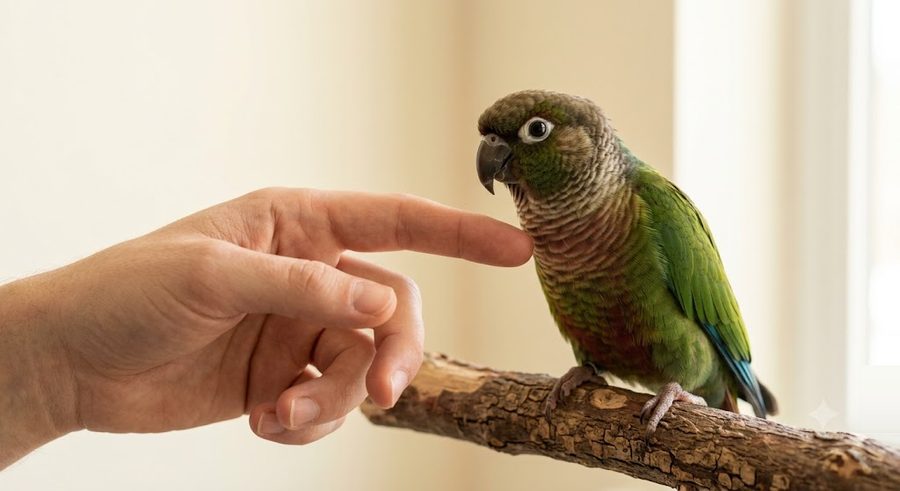 飼主放鬆地伸出食指靠近一隻神情放鬆的小太陽鸚鵡,鳥沒有要咬