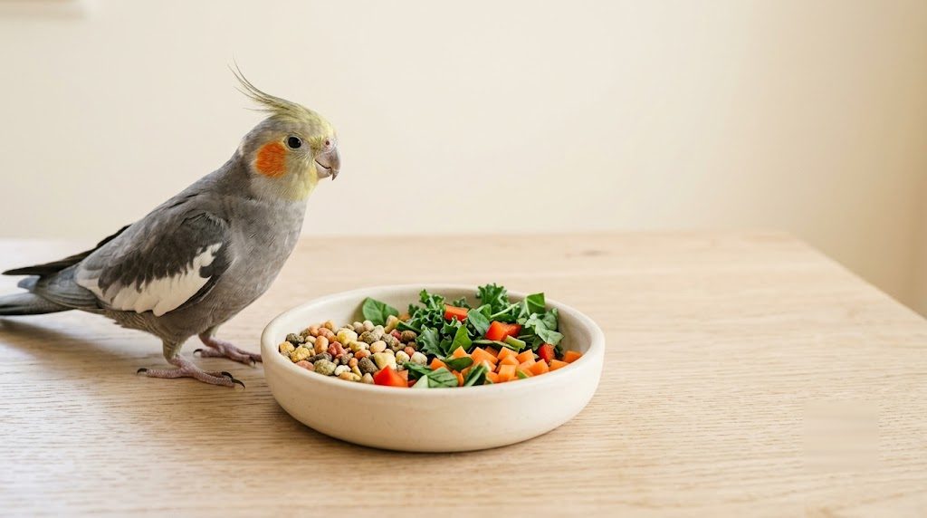 玄鳳鸚鵡與一碗主食加新鮮蔬果——均衡的一餐