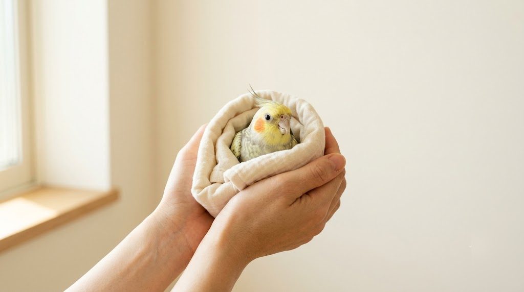 雙手捧著裹在柔軟毛巾裡、神情鎮定的玄鳳鸚鵡