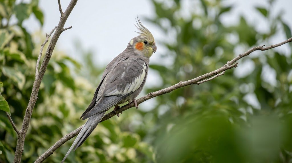 玄鳳鸚鵡停在戶外樹枝上——走失的鳥常停在附近高處
