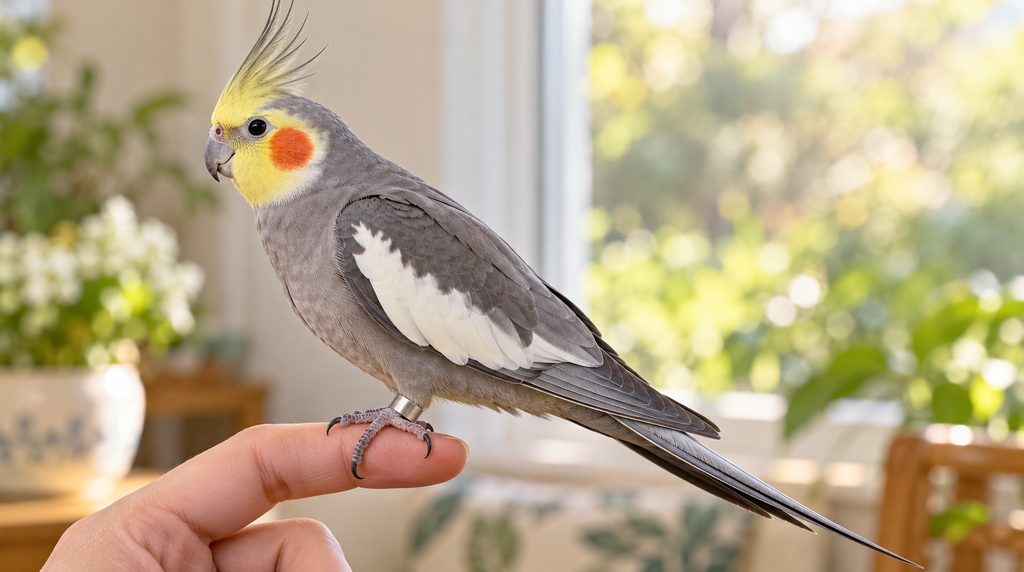 腳上戴著金屬腳環的玄鳳鸚鵡，停在飼主的手指上