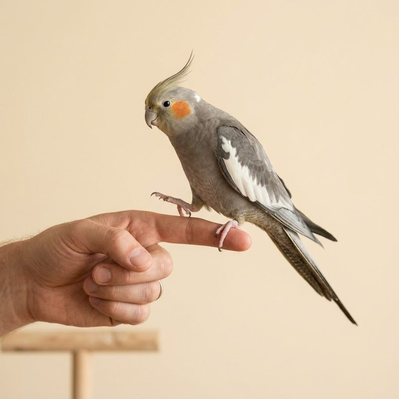 玄鳳鸚鵡抬腳踏上伸出的食指,完成 step-up 上手