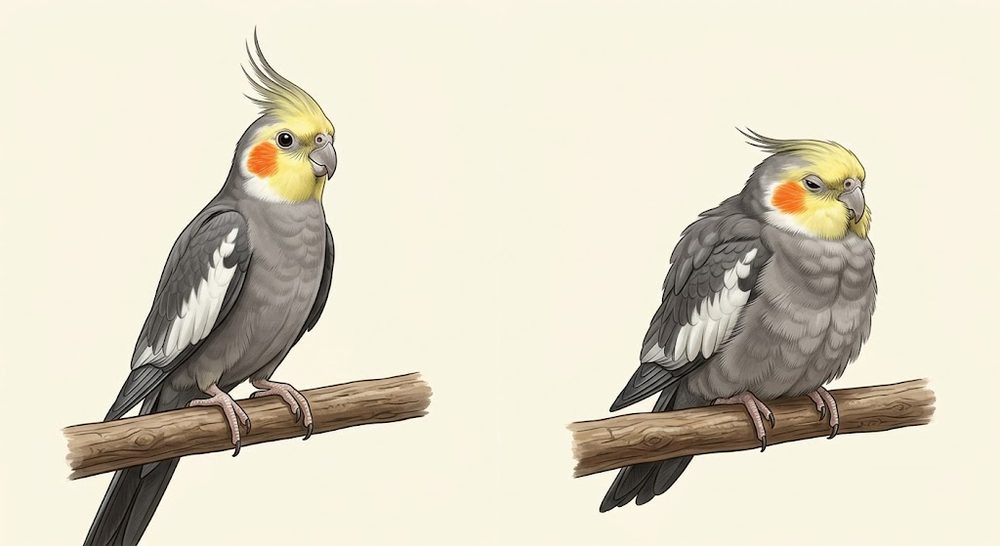 健康與生病的玄鳳鸚鵡姿態對照：左側挺立亮眼、右側膨羽縮頭精神差