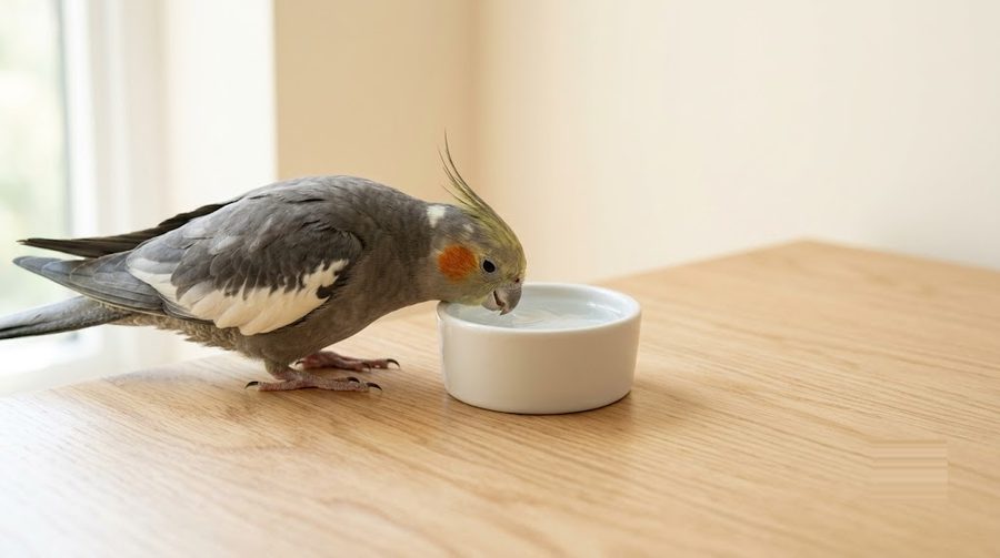 玄鳳鸚鵡在乾淨的開放水盆邊低頭喝水